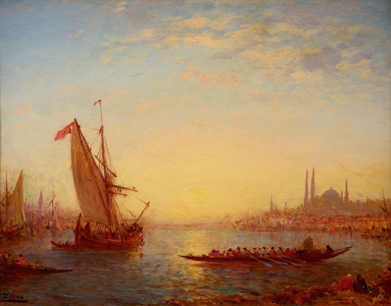 Efeito de luz do pôr do sol no Bósforo, pintura a óleo de Félix Ziem