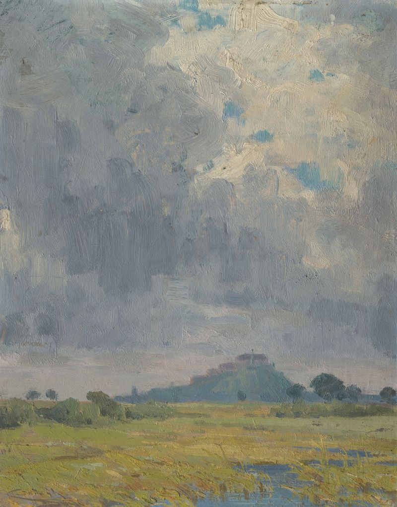 Paisaje con un castillo, óleo sobre lienzo de Ľudovít Čordák