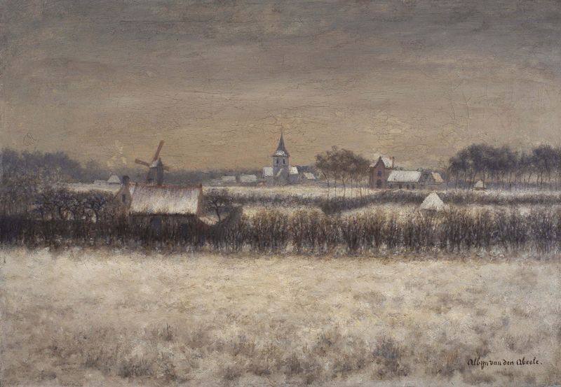 Snow-covered Sint-Martens-Latem by Albijn Van den Abeele, oil on canvas depicting a winter landscape.