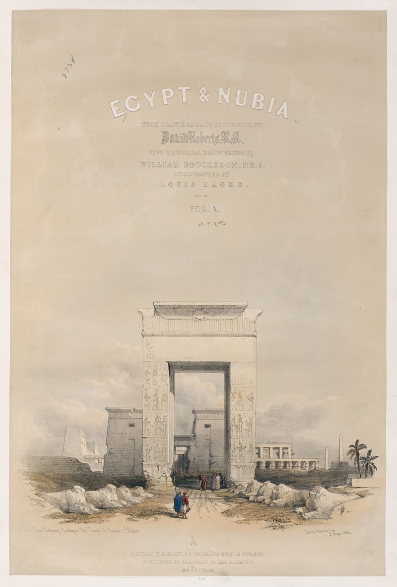 Litografía de David Roberts que representa el Templo de Karnac con grandes columnas.