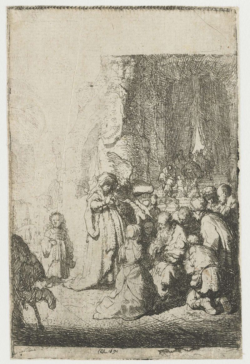 Gravura de Rembrandt van Rijn mostrando um anjo apresentando um pequeno prato em um templo