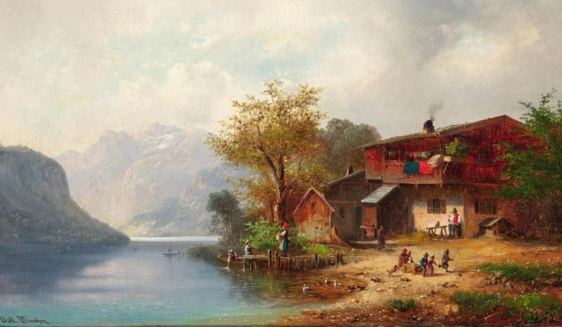 A Rural Idyll on a Lake, óleo sobre tela de Anton Doll, retratando uma serena paisagem rural ao amanhecer.