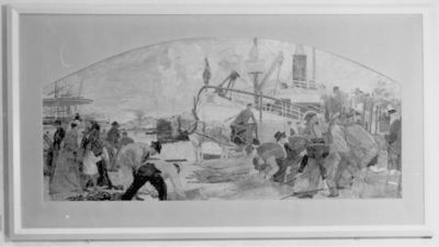Genre scene with harbour workers and steamboats, oil painting by Carl Wilhelmson