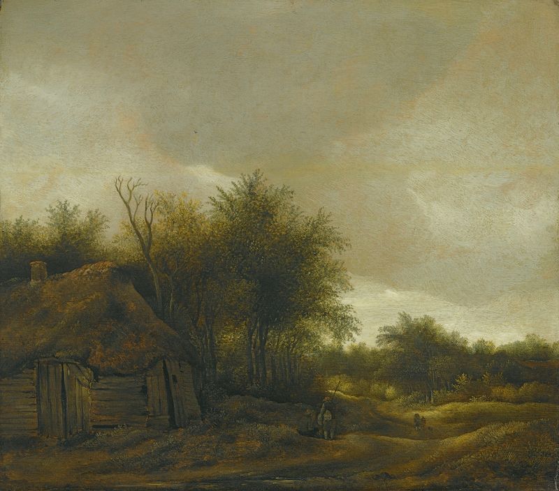 A dune landscape with figures on a sandy path near a cottage, oil painting by Guillam Dubois.