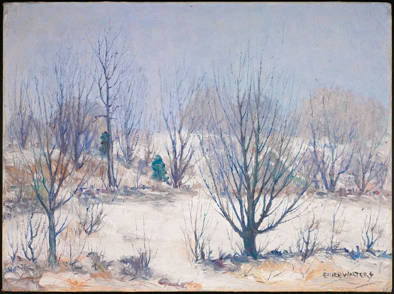 Late Winter de Emile Walters, óleo sobre tela, retratando uma paisagem de inverno com azuis profundos e cinzas suaves.