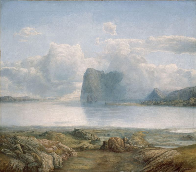 Island Borgøya by Lars Hertervig, oil on canvas depicting a tranquil landscape with water and sunset.