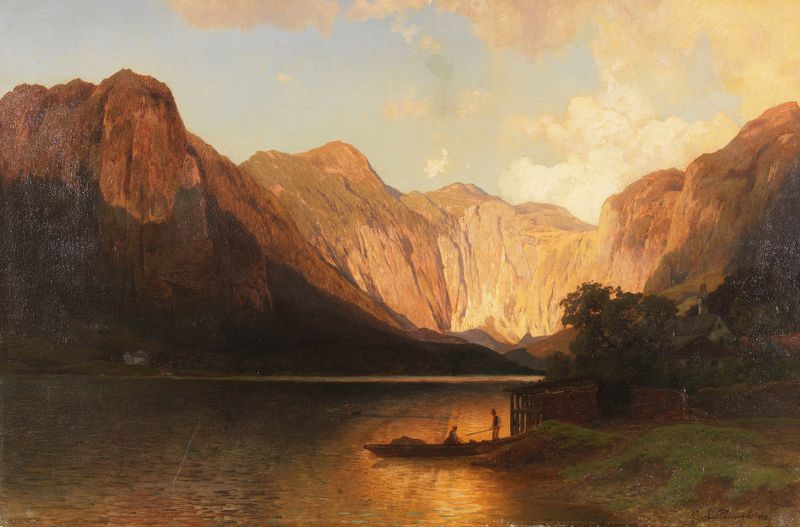 Landscape of Am Gosausee by Carl Jungheim, oil painting depicting mountains and lake reflections.