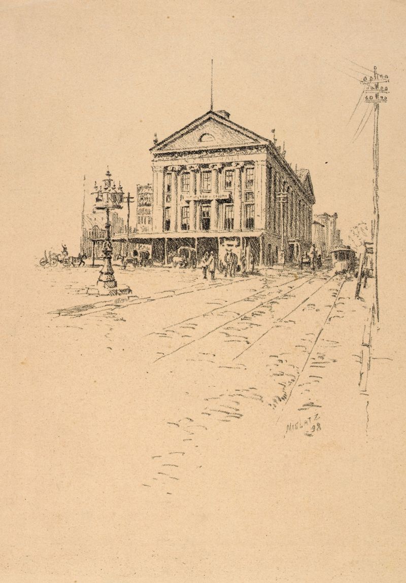Grabado de Clinton Hall por Charles Frederick William Mielatz, con luz a través de las ventanas.