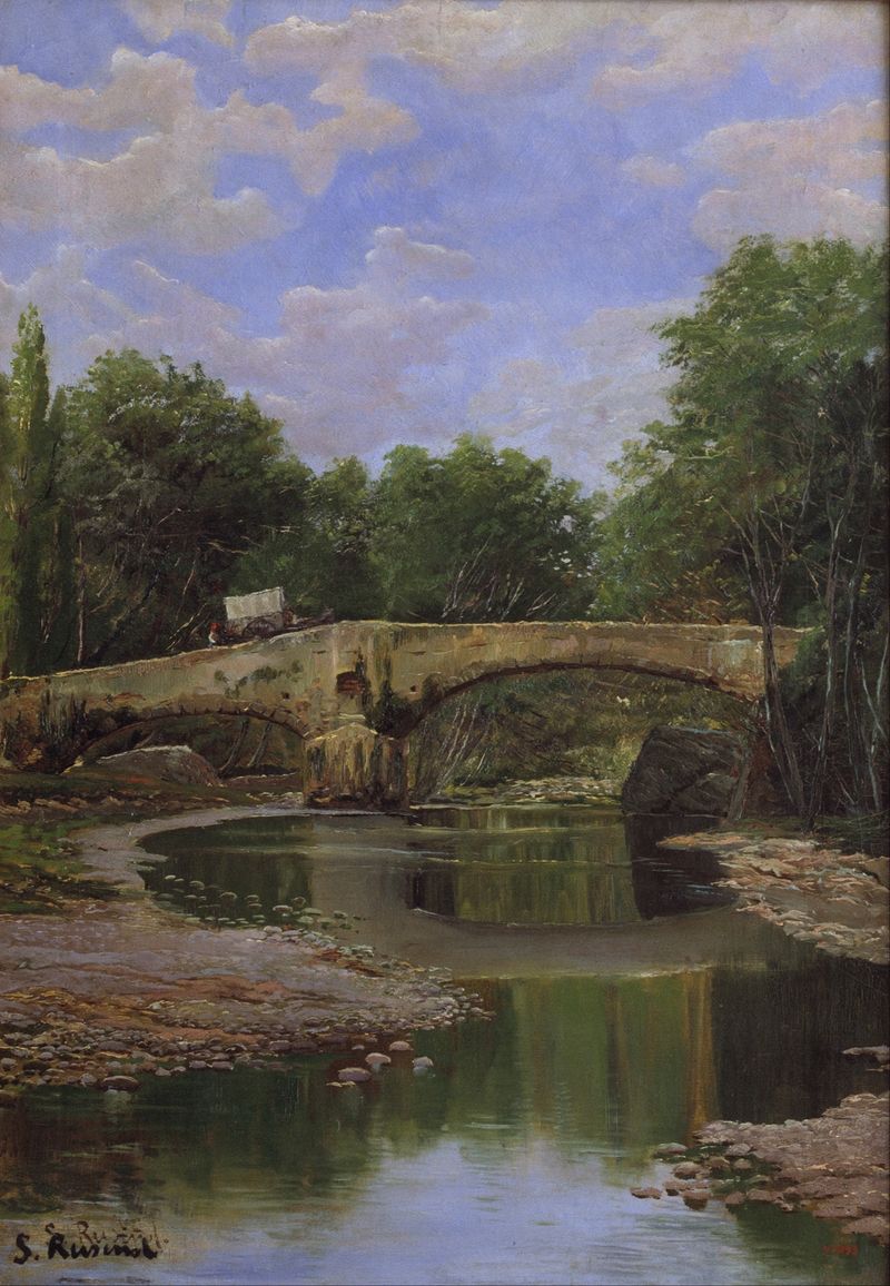 Pintura al óleo de Santiago Rusiñol que muestra un puente sobre un río con árboles