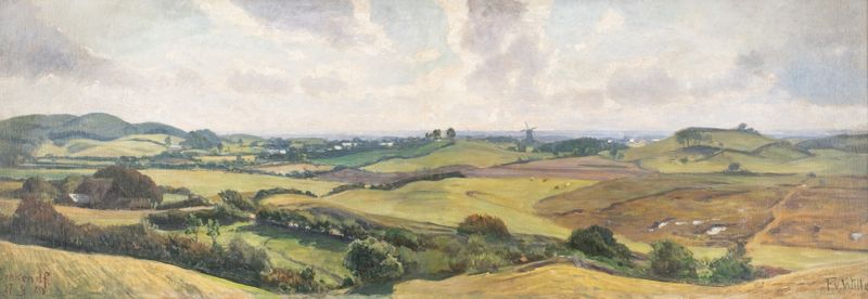 Landscape depicting a lush valley with hills by Fritz Von Wille, oil painting