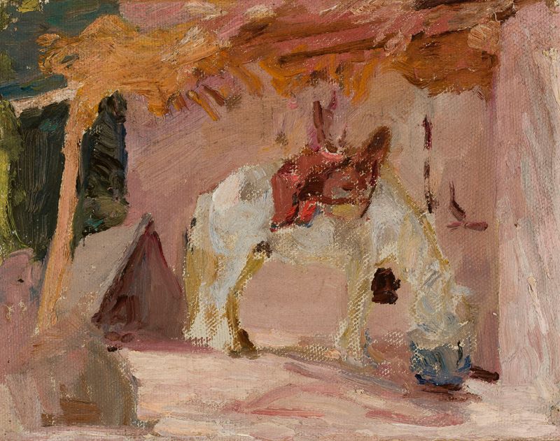 Cavalo em óleo sobre tela de Jan Ciągliński, mostrando um cavalo poderoso em um ambiente natural.