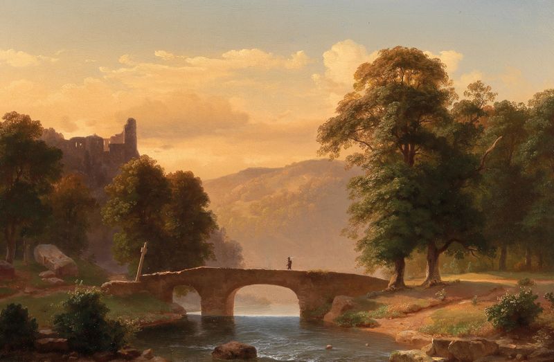 View of Are Castle on the Ahr de Peter Heinrich Happel, pintura al óleo que muestra un castillo y un río