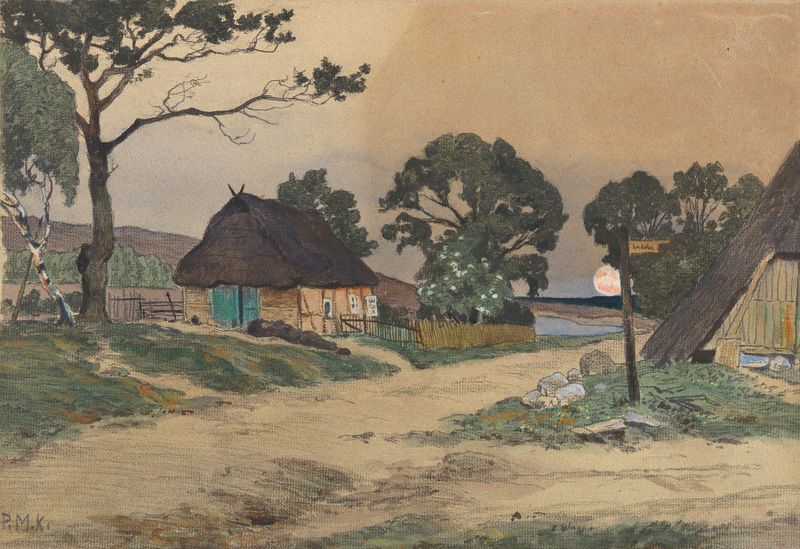 Twilight landscape oil painting by Paul Müller-Kaempff depicting a village and horizon.