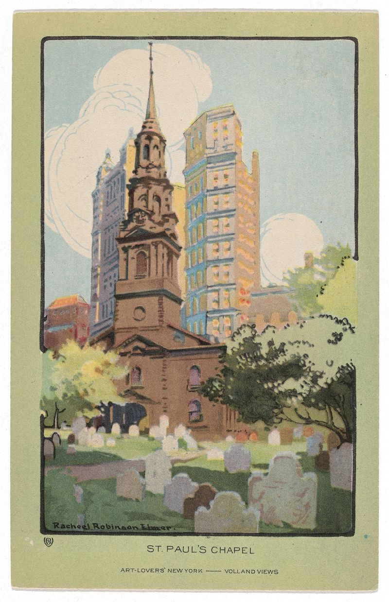 St. Paul’s Chapel by Rachael Robinson Elmer, watercolor on paper, features sunlight filtering through trees.