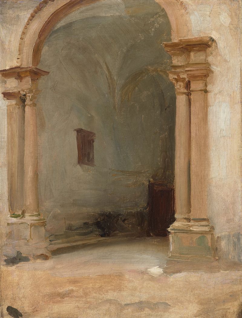 An Archway de John Singer Sargent, pintura a óleo que retrata luz e sombra sobre uma estrutura arquitetônica.
