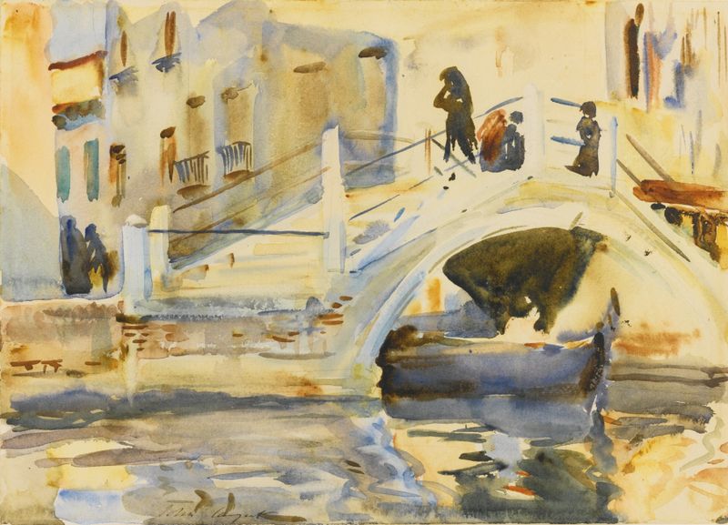 Venice Bridge with Figures de John Singer Sargent, óleo mostrando figuras em luz suave.