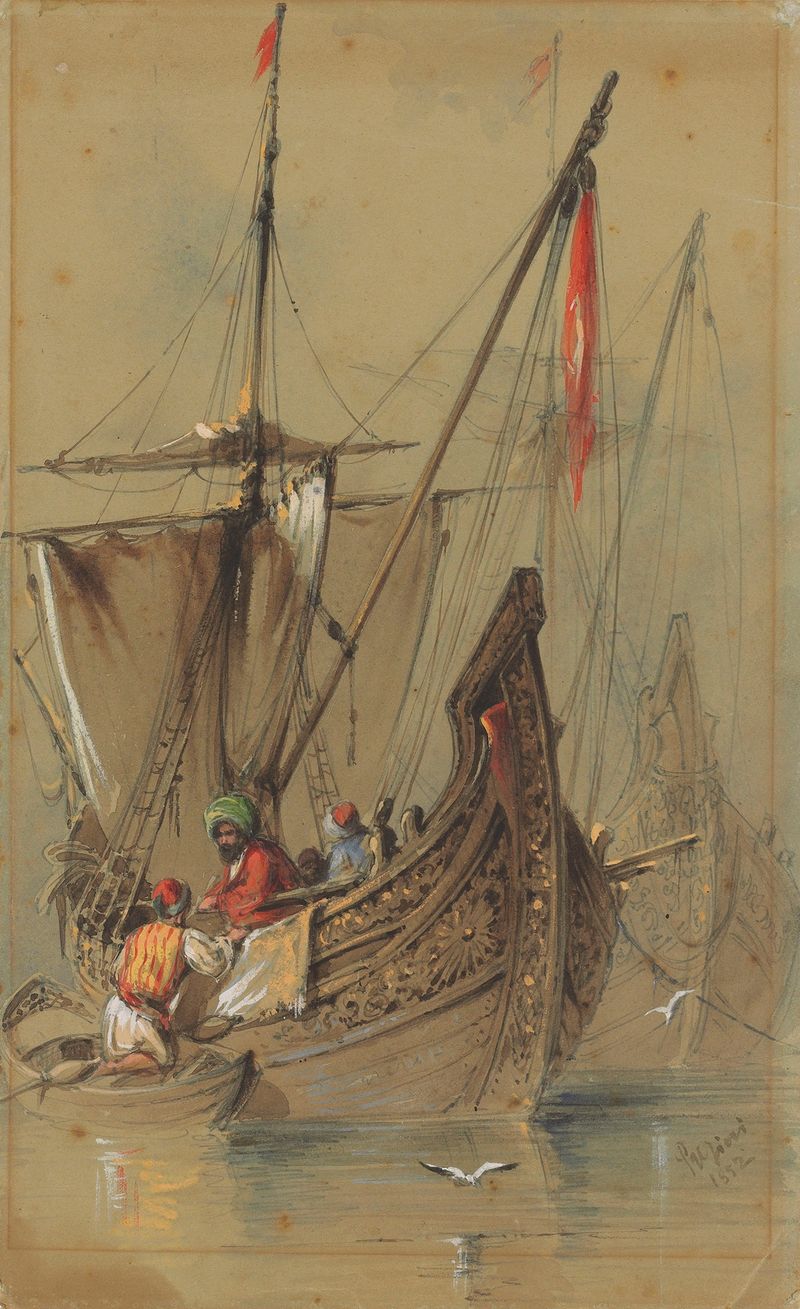 Turkish Gemi Ships de Amadeo Preziosi, acuarela sobre papel, representando barcos navegando en el océano