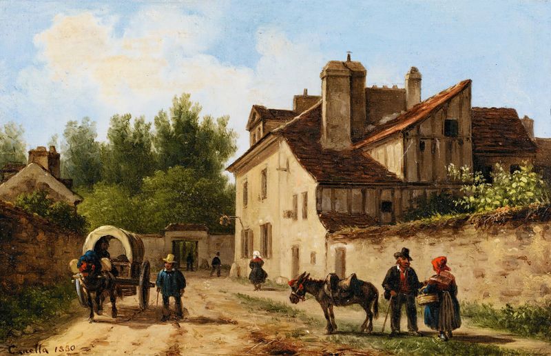 Calle del pueblo en los suburbios de París, óleo sobre lienzo de Giuseppe Canella