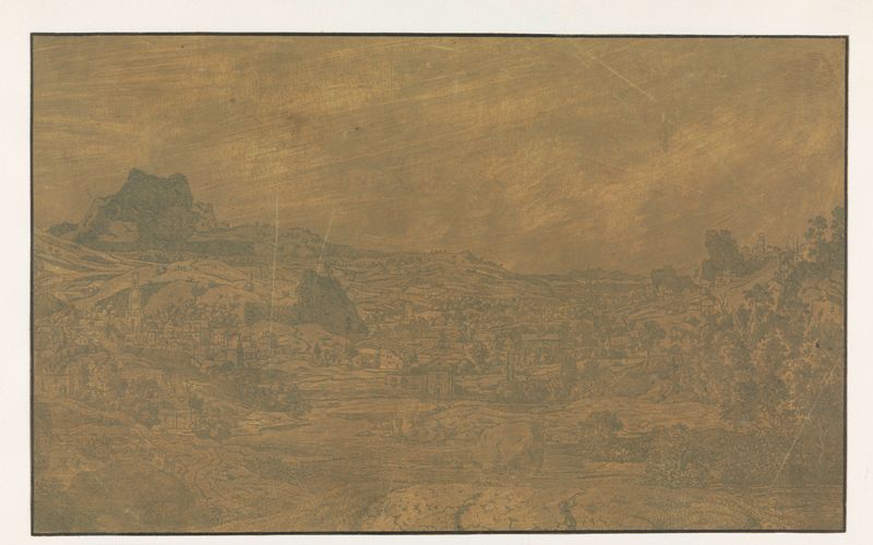 Etching by Hercules Segers depicting a river, town with towers, and mountains.