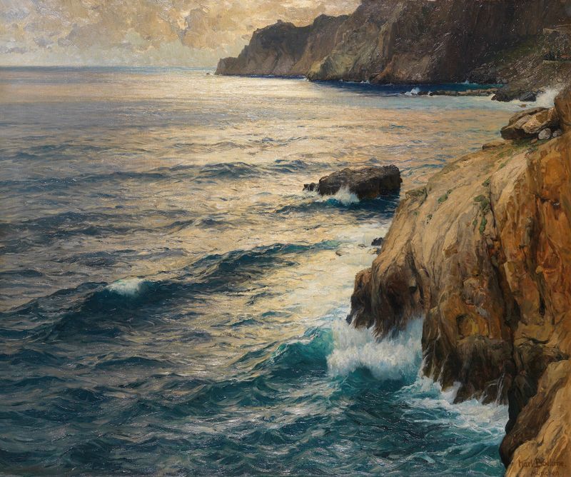 Die Sirenenbucht von Capri by Karl Theodor Boehme, oil painting depicting tranquil waters and rugged cliffs.