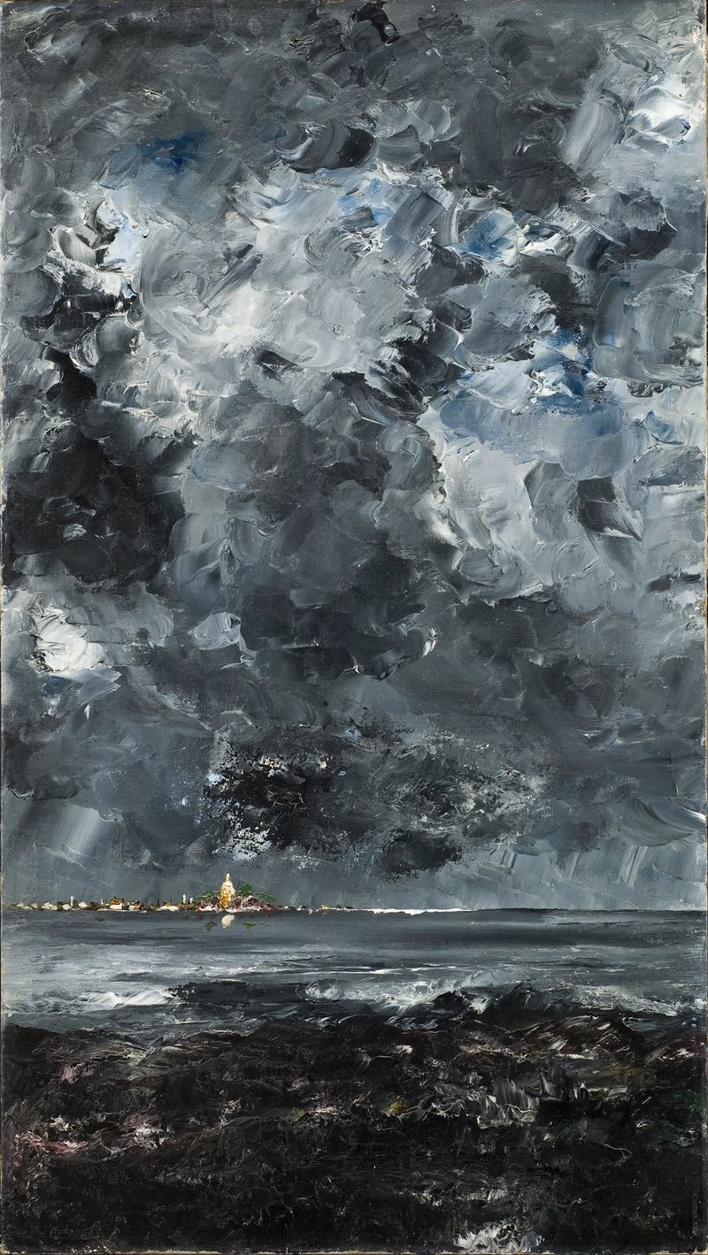 Paisaje que representa un pueblo bajo un cielo oscuro, óleo de August Strindberg