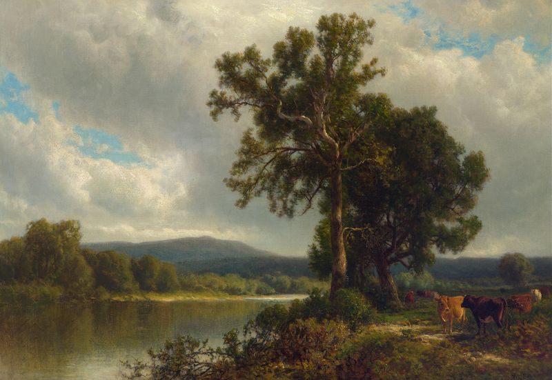 Landscape oil painting by William Hart featuring wildflowers and lush foliage.