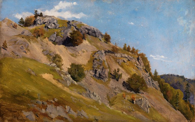 Das Präger Loch bei Bernau de Eugen Bracht, paisagem com rio e montanhas, pintura a óleo