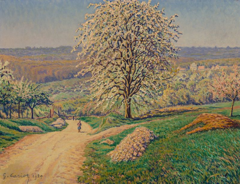 Uma extensa paisagem com uma figura caminhando em uma estrada, óleo sobre tela de Gustave Cariot