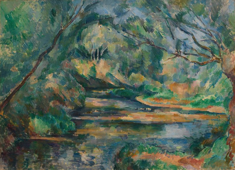 O Riacho de Paul Cezanne, óleo sobre tela que retrata um rio fluente e árvores exuberantes