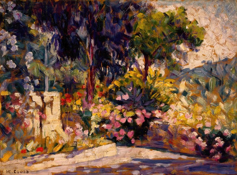 O Terraço Florido de Henri-Edmond Cross, pintura a óleo com flores vibrantes em um terraço