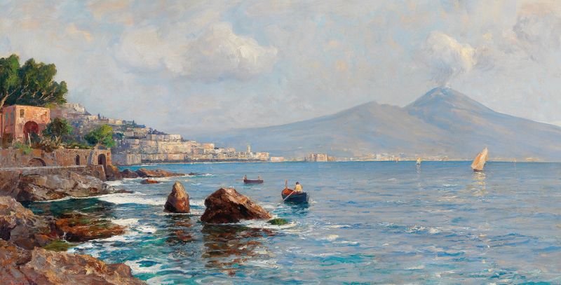 Paisagem do Golfo de Nápoles com o Vesúvio, pintura a óleo de artista desconhecido