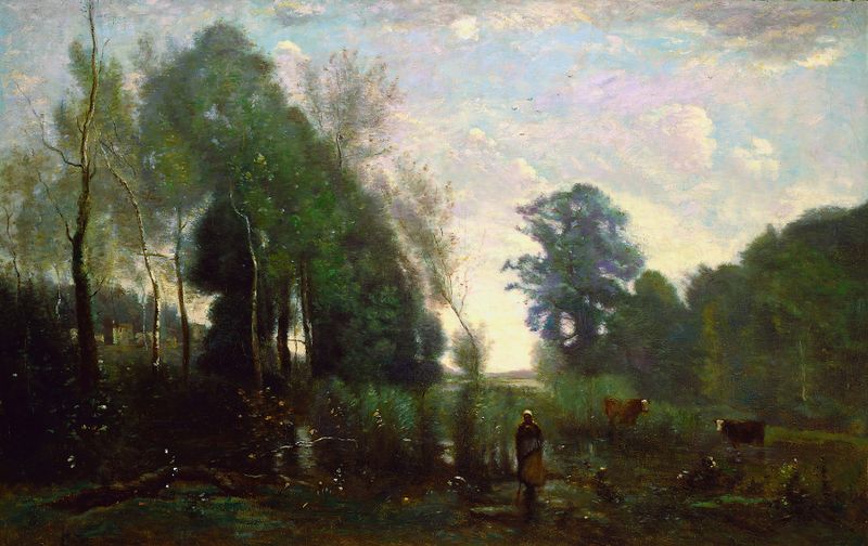 Misty Morning óleo de Jean-Baptiste-Camille Corot que muestra un río tranquilo al amanecer