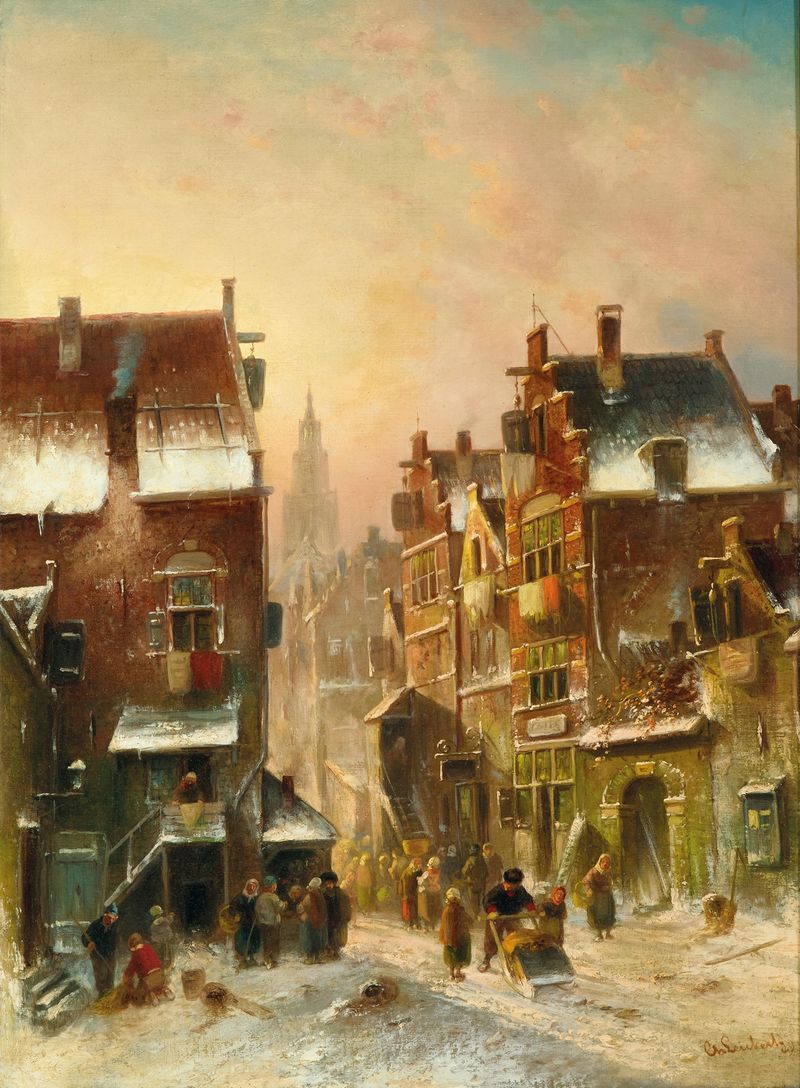 Paisagem de inverno com telhados cobertos de neve, pintura a óleo de Charles Leickert