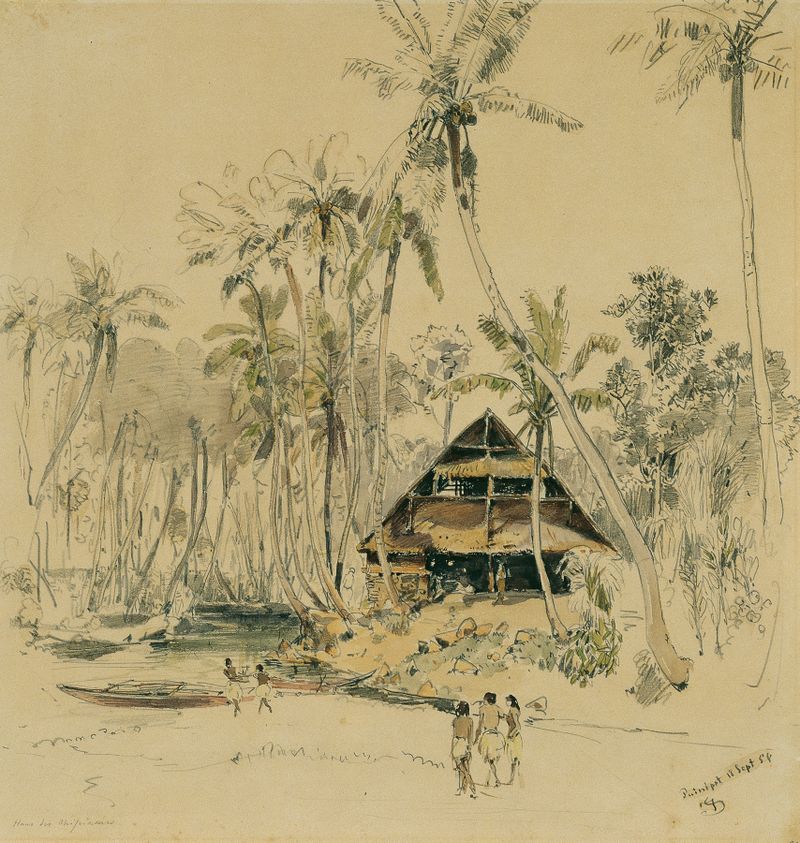 Paisagem apresentando Das Haus des Missionars auf der Insel Puinipet de Joseph Selleny, meio desconhecido.