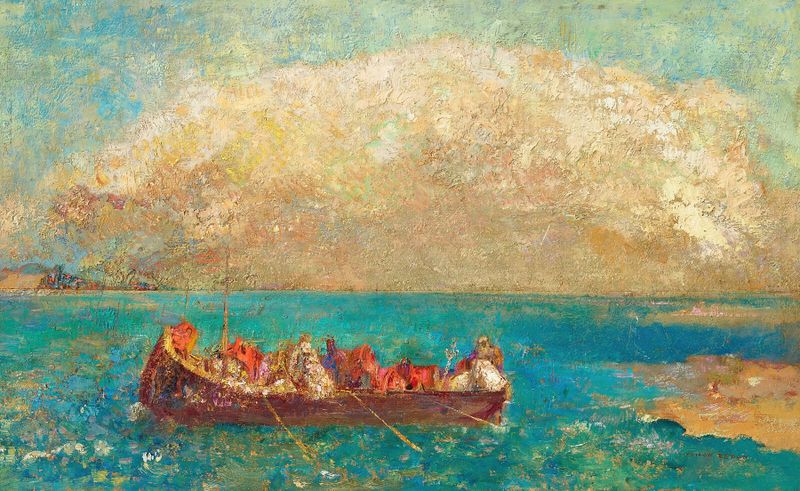 La barque aux âmes inanimées, oil on canvas by Odilon Redon, depicting a spectral boat in dark hues.