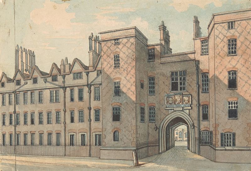 Grabado de Lincoln’s Inn Gate por Samuel Ireland, con un arco y follaje.