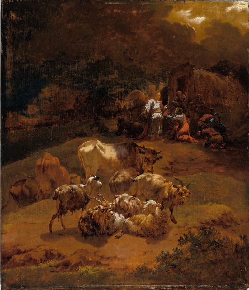 A Anunciação aos Pastores de Adam Colonia, óleo sobre painel, retratando pastores em admiração pela luz divina.
