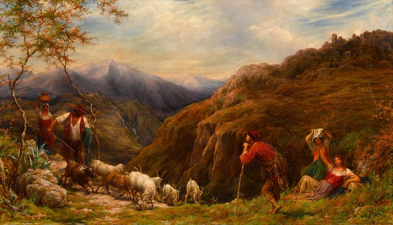 Pintura al óleo de William Linnell que muestra pastores en el paisaje de los Apeninos.