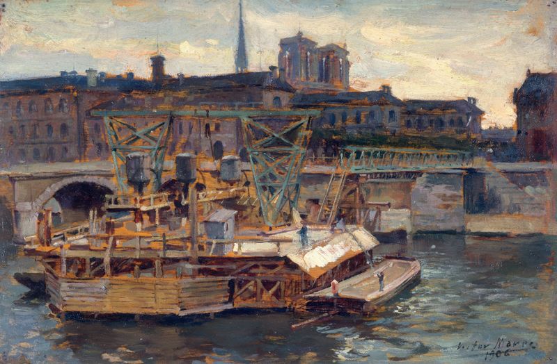 Oil painting by Victor Marec depicting laborers working at Notre-Dame bridge.