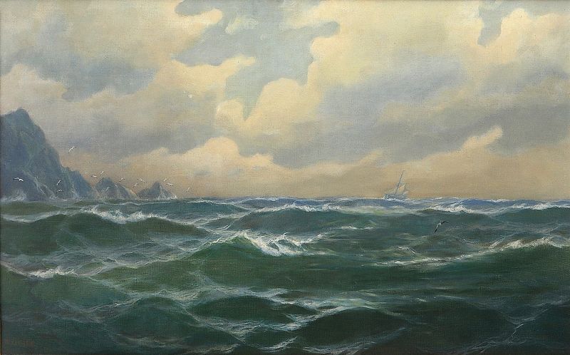 Marine scene with dark waters and light, oil painting by Max Jensen