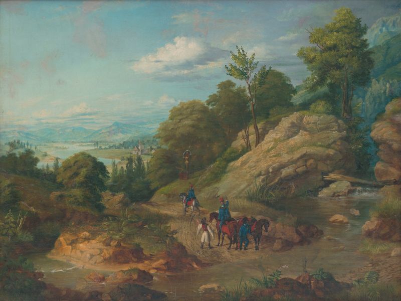 Hussars on a patrol, oil on canvas by František Klimkovič, depicting soldiers in vibrant uniforms against a muted landscape.