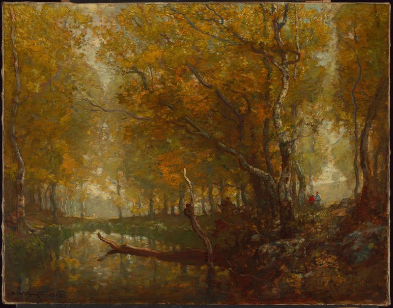 Oil painting by Henry Ward Ranger depicting a tranquil mill pond reflecting autumn colors