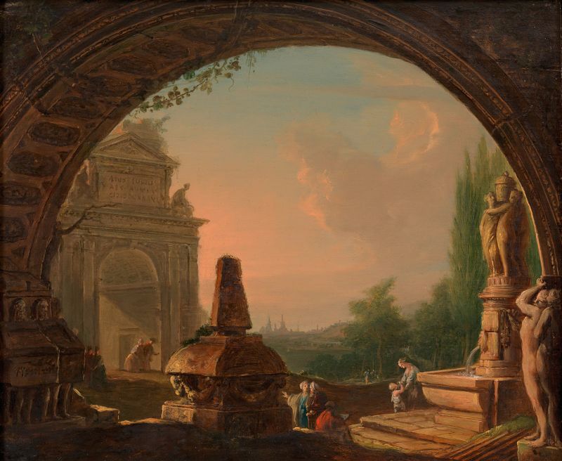 Romanticism landscape by Vinzenz Fischer, depicting a serene morning through an archway.