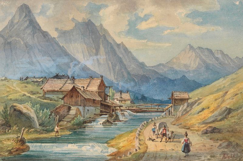 Landscape depicting a village by a river, Anton Doll, oil painting