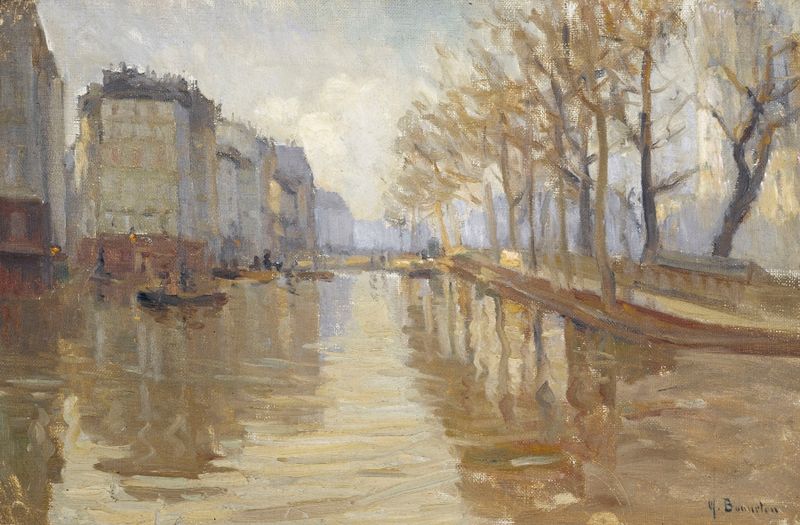 Le quai Montebello (inondations de 1910) oil painting by Germain Eugène Bonneton depicting a flooded quay.