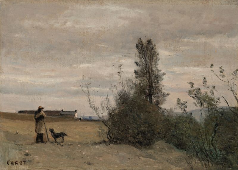 Pintura al óleo de Jean-Baptiste-Camille Corot que representa a un pastor con un perro en un paisaje sereno.