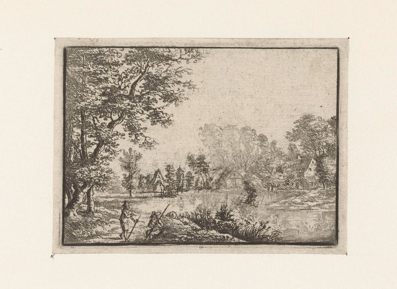 Landschap met een dorp en twee mannen, grabado de Jan Carel Immenraet