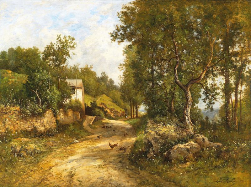 Pintura al óleo de paisaje por Leon Richet con un camino serpenteante a través de la naturaleza.