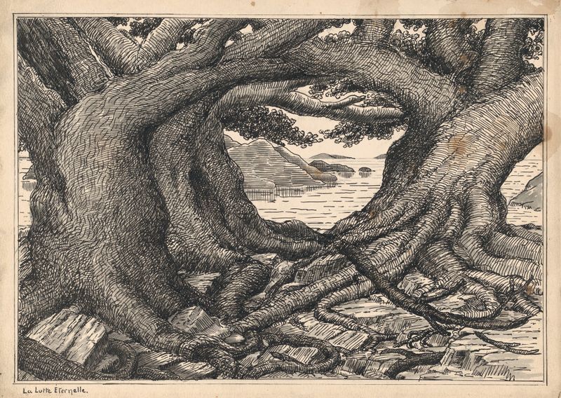 La Lutte Eternelle by Herbert Crowley, ink on paper, featuring intertwined figures with dynamic colors.