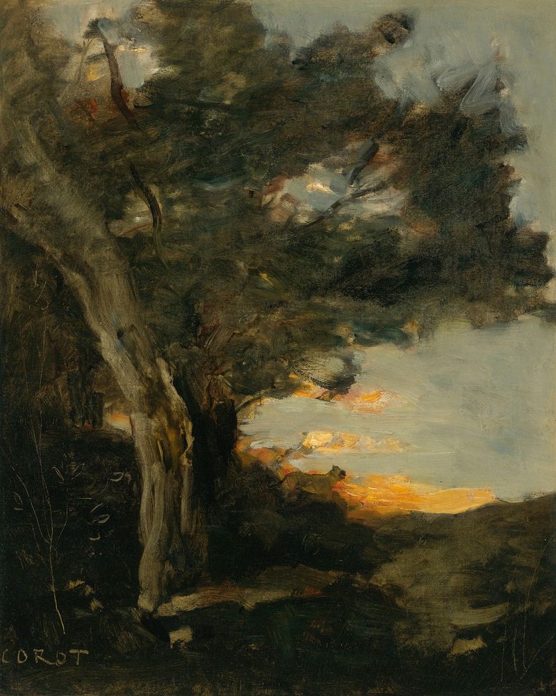 Coucher De Soleil Avec Une Lionne de Jean-Baptiste-Camille Corot, pintura a óleo que retrata um pôr do sol com uma leoa.